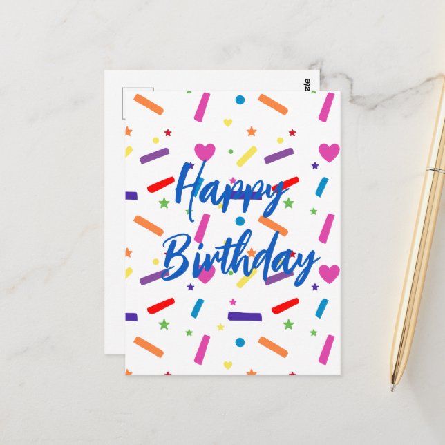 Carte Postale Thème de fête d'anniversaire à paillettes sucrées (Devant/Arrière en situation)