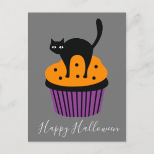 Carte Postale Thème Halloween orange chat noir