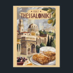 Carte Postale Thessalonique Grèce Art de voyage peint vintage<br><div class="desc">Conception de voyage vectorielle rétro de Thessalonique. Thessalonique est une ville portuaire grecque sur le golfe Thermaïque de la mer Égée.</div>