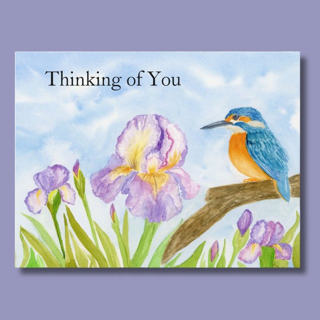 Carte Postale Thinking of You Watercolor Kingfisher Purple Iris (Créateur téléchargé)