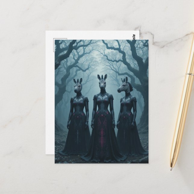 Carte Postale Three Women With Zebra Heads in Forest (Devant/Arrière en situation)