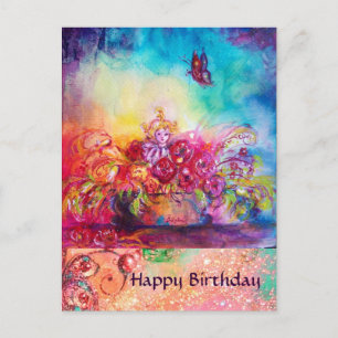 CARTE POSTALE THUMBELINA, PANIER À FLEURS ET BOUTEILLE