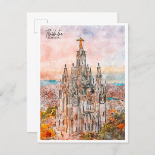 Carte Postale Tibidabo Barcelona vintage voyage aquarelle