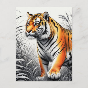 Carte Postale Tiger Art Color Partiel noir blanc dessin