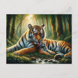 Carte Postale Tigers dans une jungle luxuriante peinture aquarel
