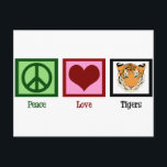 Carte Postale Tigers Peace Love<br><div class="desc">Joli signe de paix,  coeur rouge,  et un beau tigre.</div>