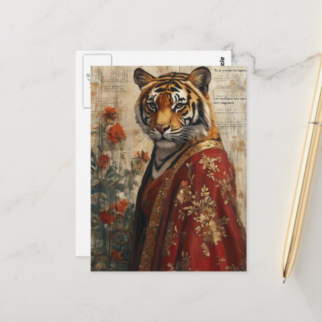 Carte Postale Tigre adorable dans un collage de robe (Devant/Arrière en situation)