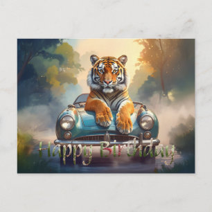 Carte Postale Tigre assis sur une voiture de sport Joyeux Annive