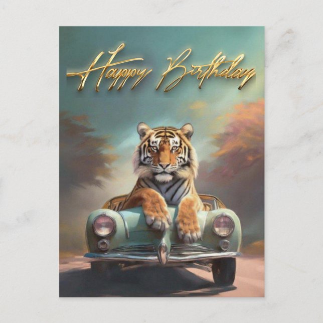 Carte Postale Tigre assis sur une voiture de sport Joyeux annive (Devant)