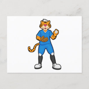 Carte Postale Tigre au baseball avec gant de baseball et casquet