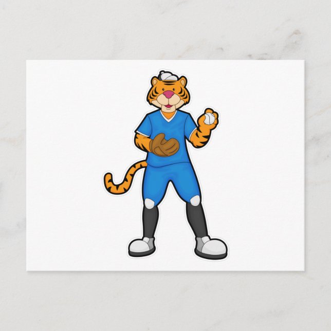 Carte Postale Tigre au baseball avec gant de baseball et casquet (Devant)