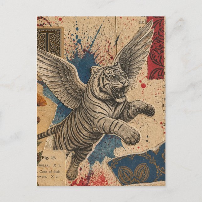 Carte Postale Tigre avec ailes collage en techniques mixtes (Devant)