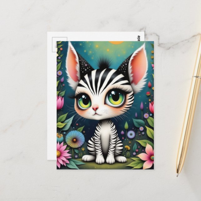 Carte Postale Tigre Blanc Fantaisie Créature dans les Fleurs (Devant/Arrière en situation)