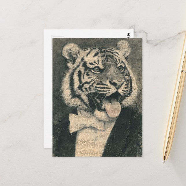 Carte Postale Tigre dans un collage Tux (Devant/Arrière en situation)