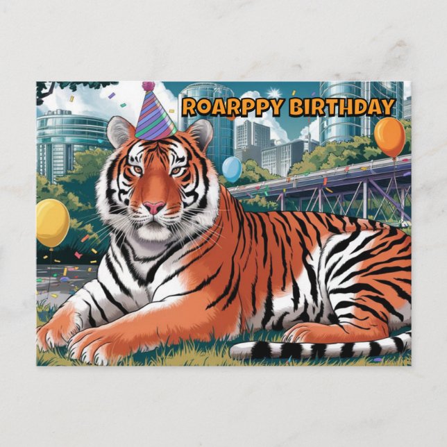 Carte Postale tigre de bengale portant un chapeau d'anniversaire (Devant)