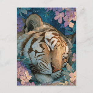 Carte Postale Tigre endormi dans un jardin floral pourpre