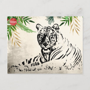 Carte Postale Tigre et palmes de vacances Noël Merci