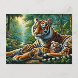 Carte Postale Tigre et petit dans une peinture de jungle luxuria