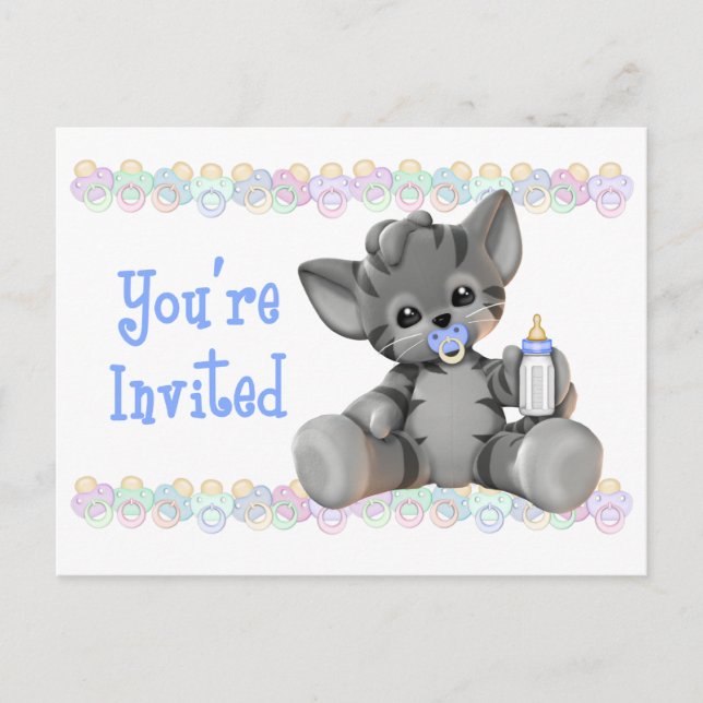 Carte Postale Tigre gris Kitten Baby shower bleu Invitation (Devant)