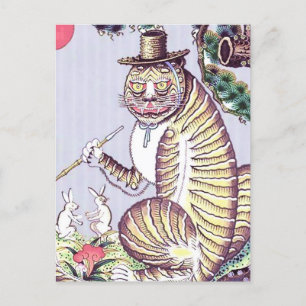 Carte Postale Tigre Minhwa avec lapins et pipe