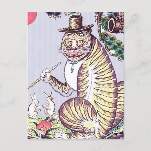 Carte Postale Tigre Minhwa avec lapins et pipe (Devant)