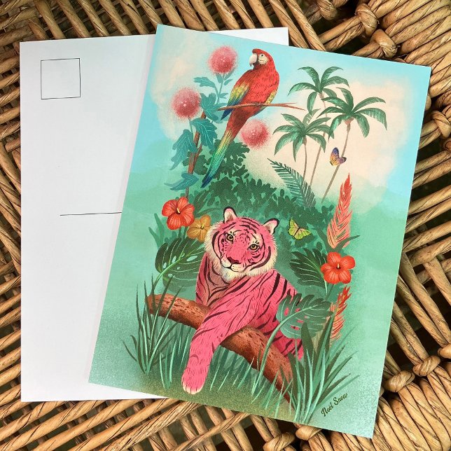 Carte Postale Tigre rose et perroquet dans la jungle tropicale (Créateur téléchargé)