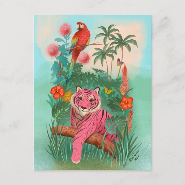 Carte Postale Tigre rose et perroquet Tropical Jungle Blank (Devant)