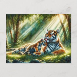 Carte Postale Tigres dans une peinture de forêt ensoleillée