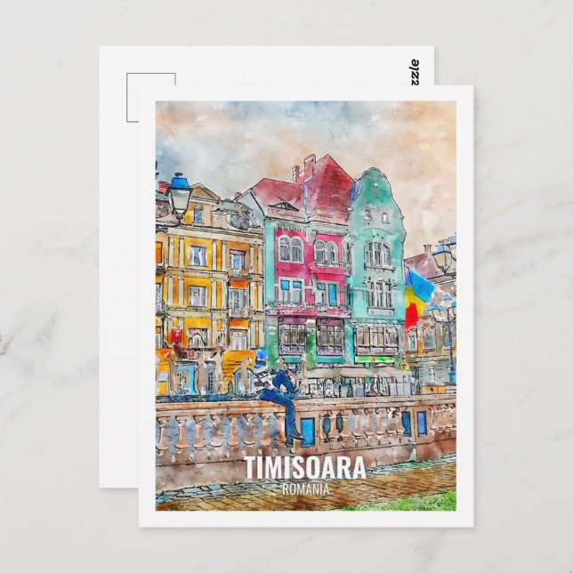 Carte Postale Timisoara Roumanie célèbre Travel Place aquarelle (Devant / Derrière)