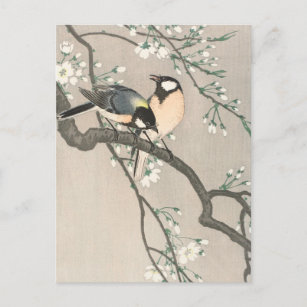 Carte Postale Tit sur la branche cerise Peinture par Ohara Koson