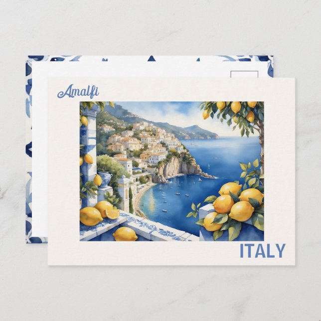 Carte Postale Titres bleus et citrons vue depuis Amalfi Italie (Devant / Derrière)
