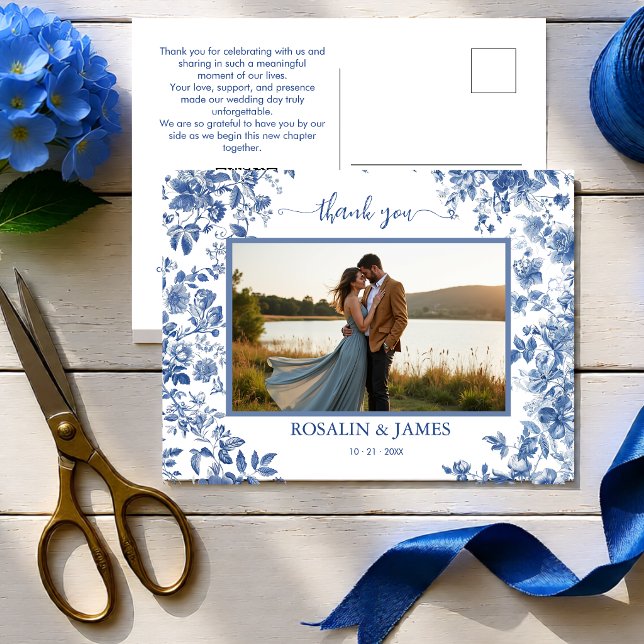 Carte Postale Toile Bleue Romantique Code QR Photo Merci (Romantic Blue Toile QR code Photo Thank You Postcard
)