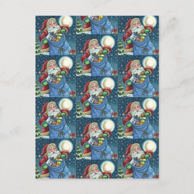 CARTE POSTALE TOIT PÈRE NOËL SAC DE JOUETS, DOLLHOUSE, HOBBYHORS (Devant)