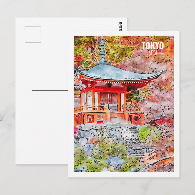 Carte Postale Tokyo Japon Fameux Sketch Aquarelle Voyage (Devant / Derrière)