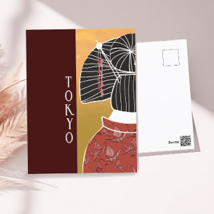 Carte Postale Tokyo Japon Kimono Yukata Temple Main Illustré