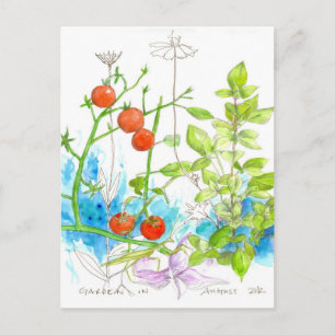 Carte Postale Tomato Basil Garden prier Mantis Art