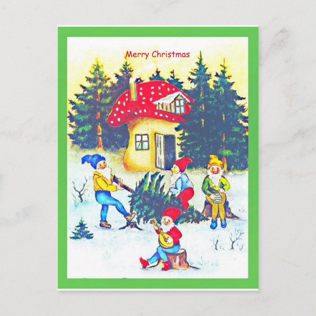 Carte Postale Tomte primitif mignonne, Gnomes ou Elfes Coupe Arb (Devant)