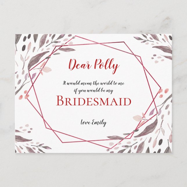 Carte Postale Tons bleus Feuille/géométrique/demande Bridesmaid (Devant)