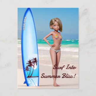Carte Postale Toon Surfer Girl Posing sur le bord de mer