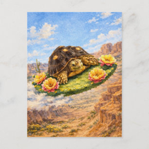 Carte Postale Tortue à l'aquarelle volant sur un coussin de cact
