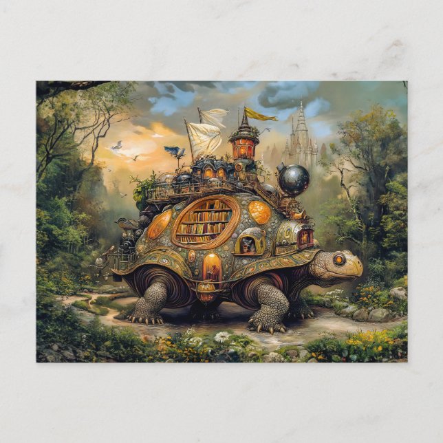 Carte Postale Tortue avec bibliothèque et terrasse sur le toit s (Devant)