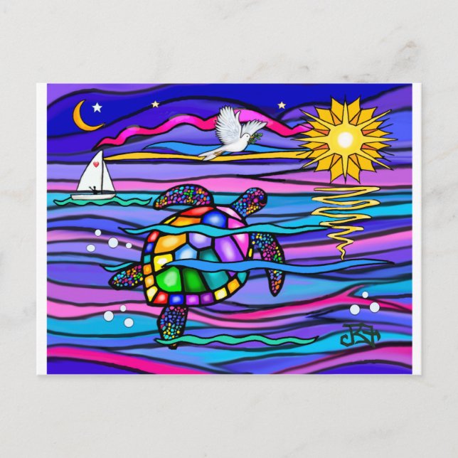Carte Postale Tortue de mer (bleu/rose) (Devant)