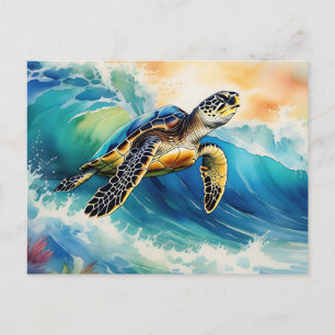 Carte Postale Tortue de mer chevauchant une vague vibrante aquar