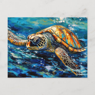 Carte Postale Tortue de mer dans un travail de pinceau expressif