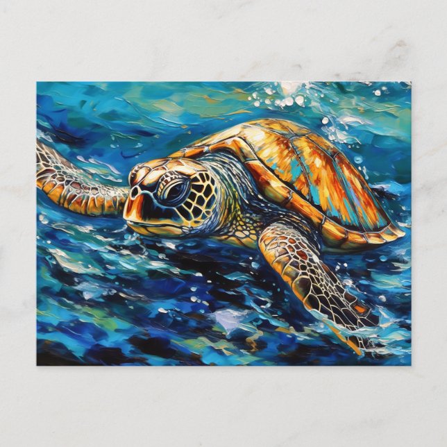 Carte Postale Tortue de mer dans un travail de pinceau expressif (Devant)