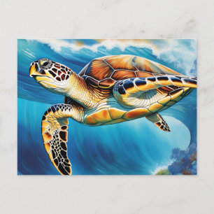 Carte Postale Tortue de mer dynamique vague aquarelle
