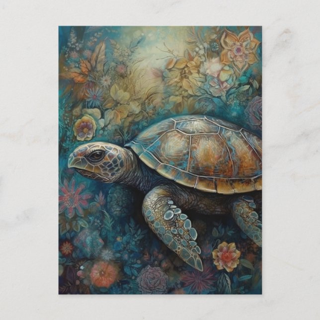 Carte Postale Tortue de mer en fleurs (Devant)