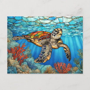 Carte Postale Tortue de mer en verre coloré nageant, corail