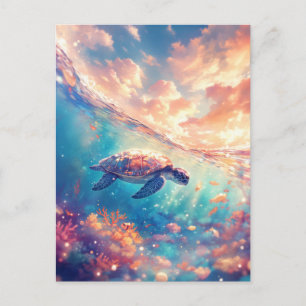 Carte Postale Tortue de mer majestueuse sous le ciel du coucher 