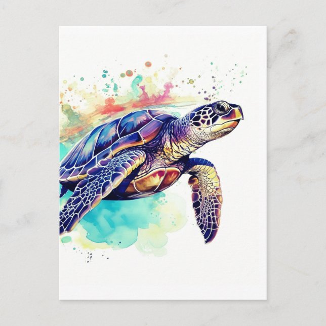 Carte Postale Tortue de mer Peinture d'aquarelle de natation (Devant)